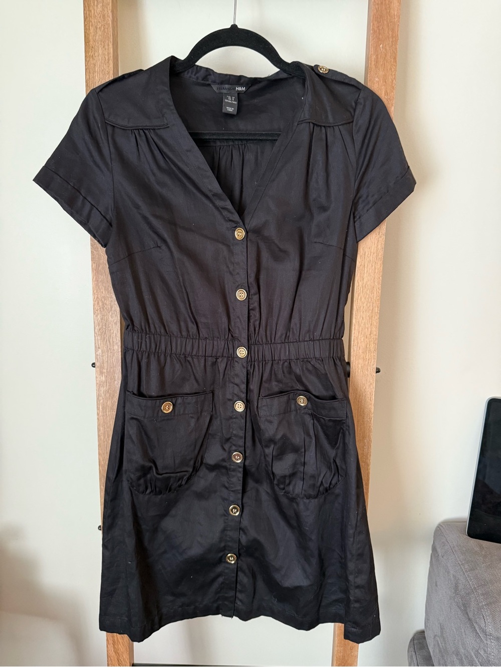 Vintage H&M Black Button-Front Short Sleeve Dress Y2K